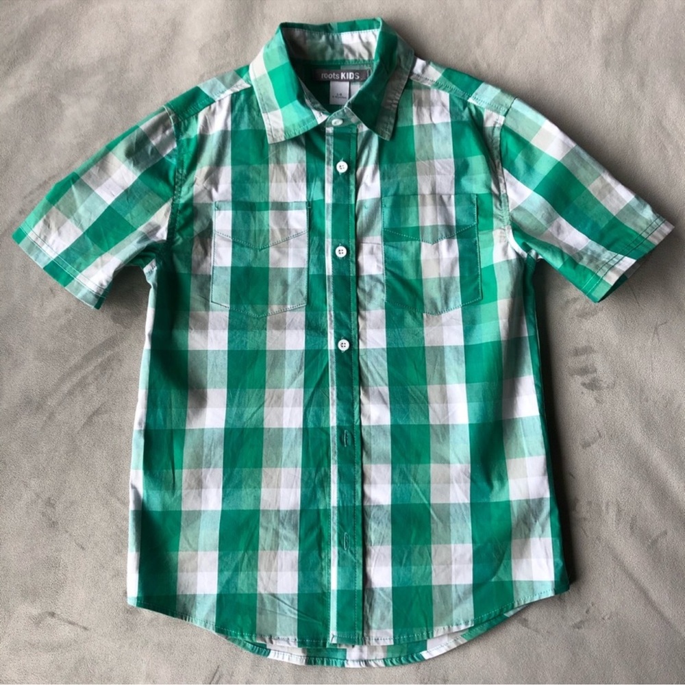 EUC Roots Kids Green/Grey/White Checkered Button Down Shirt Size Large 9-10y